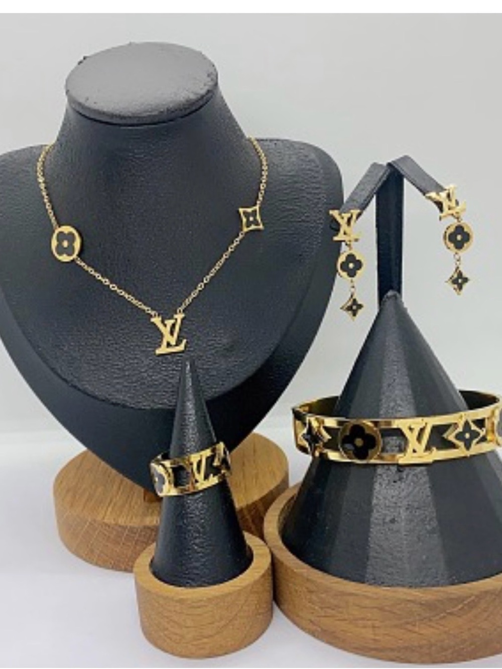 Gold and Black Monogram Necklace with Matching Earrings and Bracelet